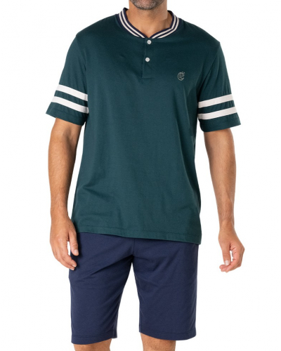 Buttoned-up short v-neck pajamas 100% Cotton Eminence Club (Vert/Marine)