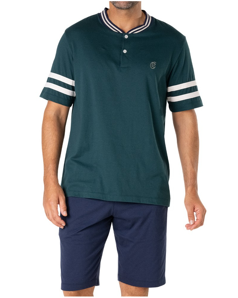 Buttoned-up short v-neck pajamas 100% Cotton Eminence Club (Vert/Marine)