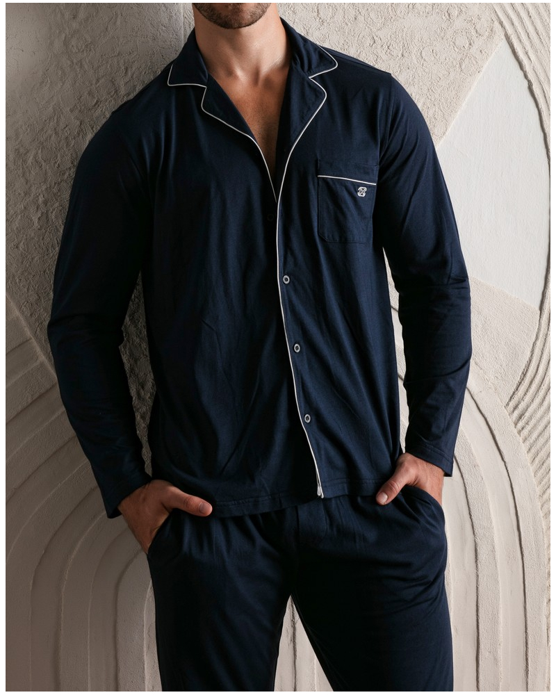 Buttoned-up long pajamas cotton HOM Rafael (Marine)