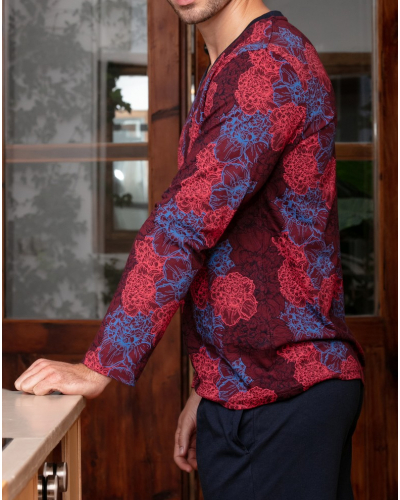 Pijama largo cuello V 100% algodón HOM Bouquet (Fleurs Bordeaux/Bleu Marine)