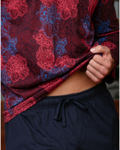 V-neck long pyjama 100% cotton HOM Bouquet (Fleurs Bordeaux/Bleu Marine)