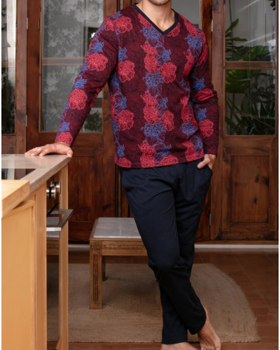 V-neck long pyjama 100% cotton HOM Bouquet (Fleurs Bordeaux/Bleu Marine)