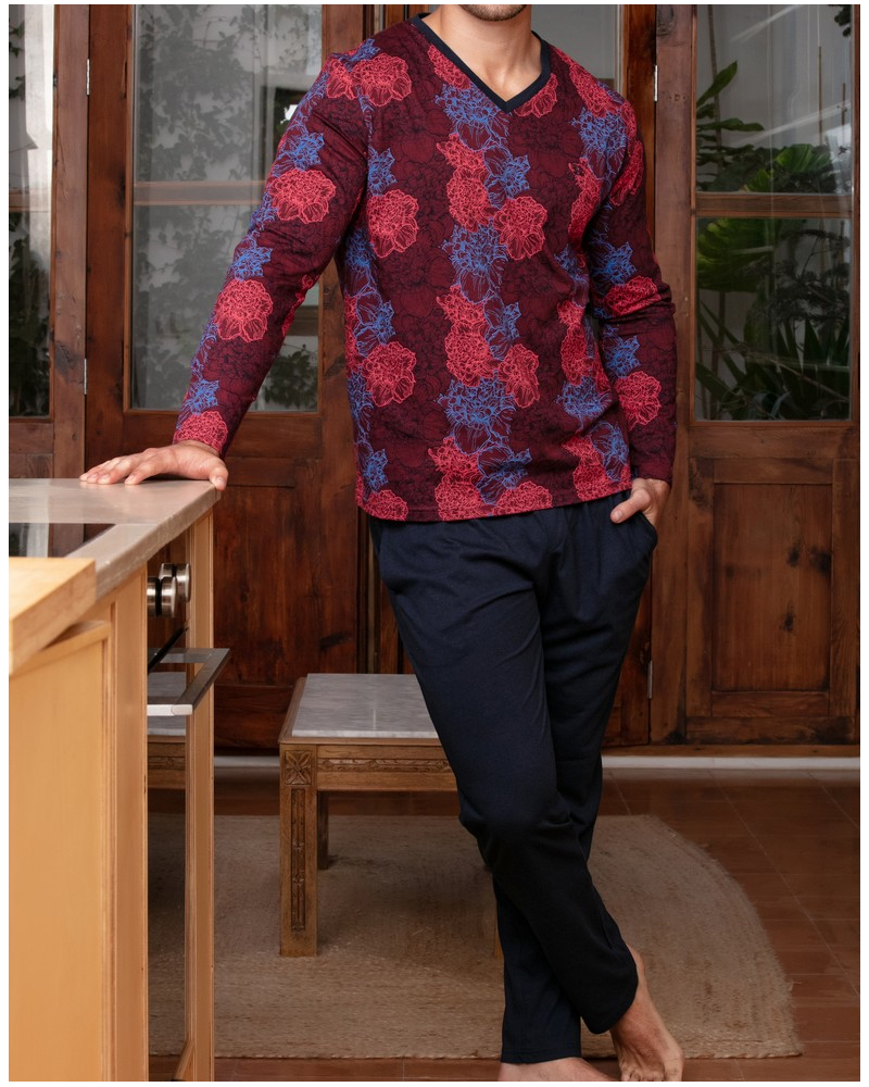 Pijama largo cuello V 100% algodón HOM Bouquet (Fleurs Bordeaux/Bleu Marine)