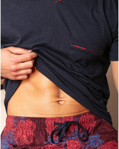 Pijama largo cuello V 100% Algodón HOM Bouquet (Fleurs Bordeaux/Bleu Marine)