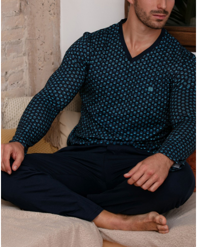Pijama largo cuello V 100% Algodón HOM Cairo (Feuilles Bleues)
