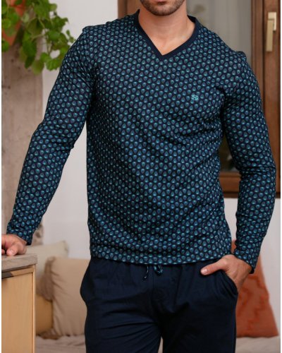 V-neck long pajamas 100% Cotton HOM Cairo (Feuilles Bleues)