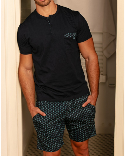 Pijama corto abotonado 100% Algodón HOM Cairo (Feuilles Bleues)