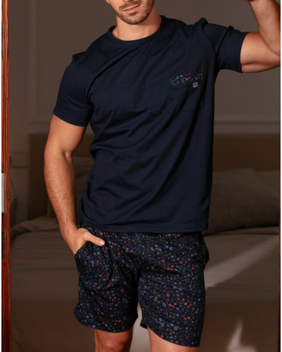 Short pajamas 100% Cotton HOM Broceliande (Imprimé Floral Marine)