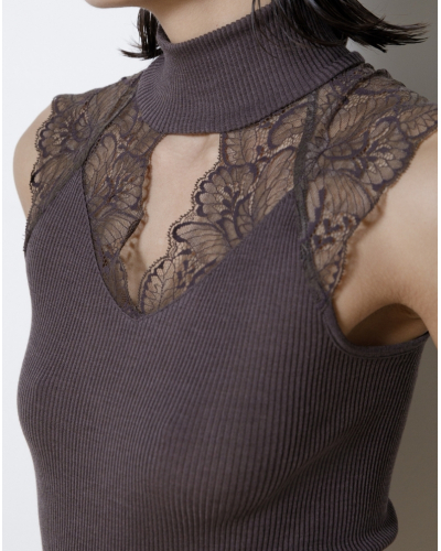 Ribbed mock neck tank top wool and silk with leavers lace Oscalito 7611 (Taupe)