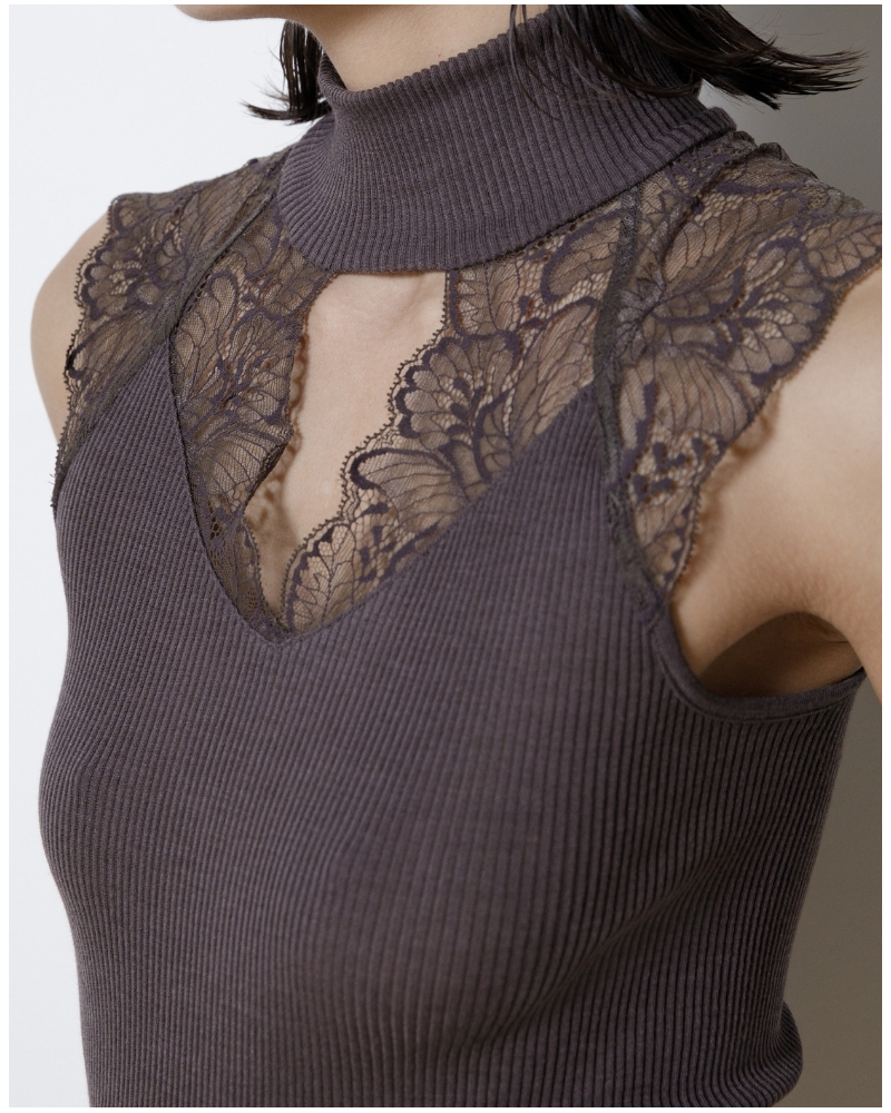 Top de canalé con cuello alto lana y seda en encaje leaversOscalito 7611 (Taupe)