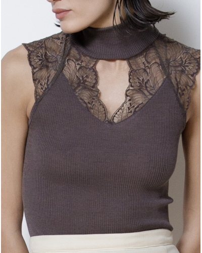 Top de canalé con cuello alto lana y seda en encaje leaversOscalito 7611 (Taupe)