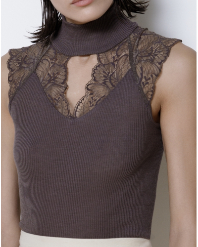Ribbed mock neck tank top wool and silk with leavers lace Oscalito 7611 (Taupe)