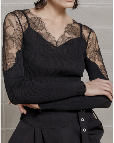 Ribbed shirt in wool and silk with Chantilly lace Oscalito 7602 (Black)