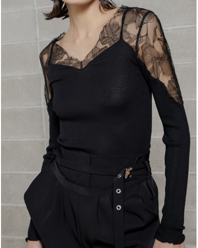 Chemise côtelée laine et soie Dentelle Chantilly Oscalito 7602 (Noir)