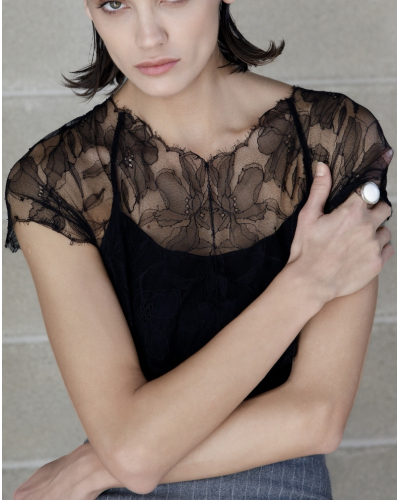 Ribbed top in wool and silk with Chantilly lace Oscalito 7600 (Black)