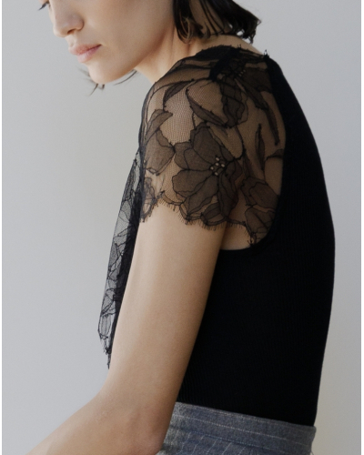 Ribbed top in wool and silk with Chantilly lace Oscalito 7600 (Black)