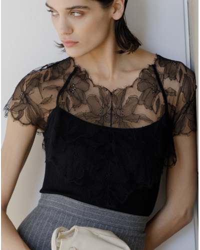 Top acanalado de lana y seda con Balza de Chantilly Oscalito 7600 (Negro)