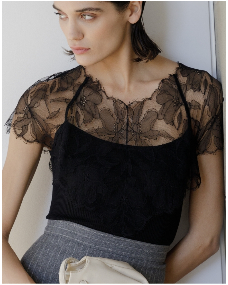 Top acanalado de lana y seda con Balza de Chantilly Oscalito 7600 (Negro)