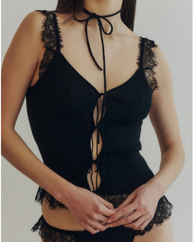 Top de canalé con encaje de lana y seda Chantilly Oscalito 7640 (Negro)