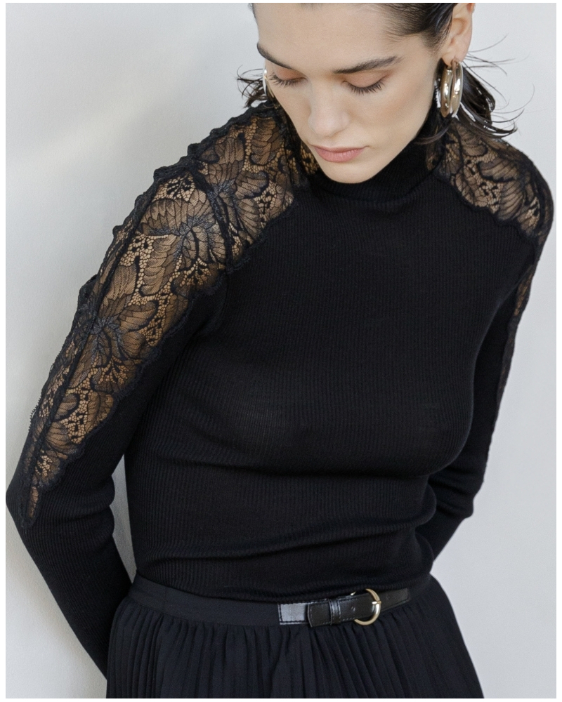 Chemise à col roulé côtelé laine et soie en dentelle leavers Oscalito 7613 (Noir)