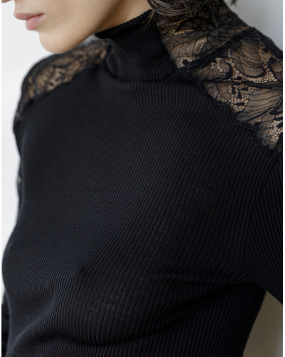 Camiseta de cuello alto acanalada de lana y seda con encaje Leavers Oscalito 7613 (Negro)