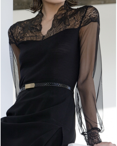 Chemise en tulle côtelée laine et soie Dentelle Leavers Oscalito 7610 (Noir)