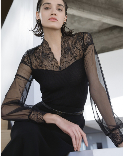 Chemise en tulle côtelée laine et soie Dentelle Leavers Oscalito 7610 (Noir)