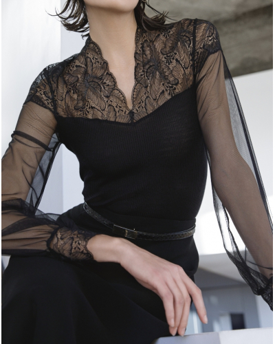 Ribbed tulle shirt in wool and silk Leavers Lace Oscalito 7610 (Black)