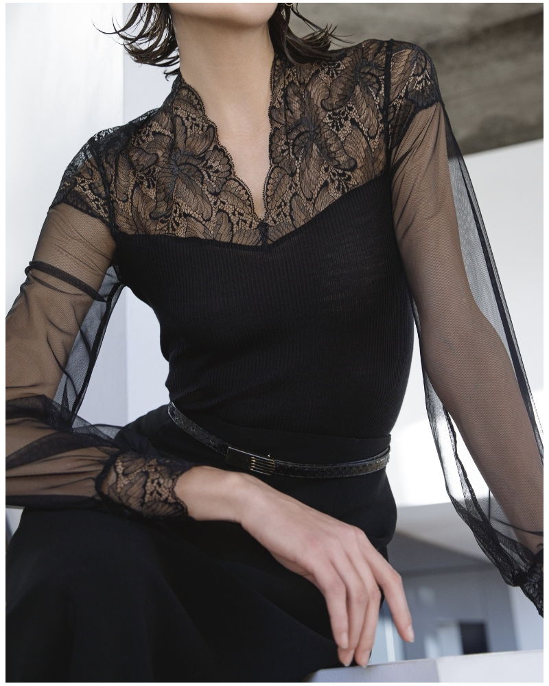 Ribbed tulle shirt in wool and silk Leavers Lace Oscalito 7610 (Black)