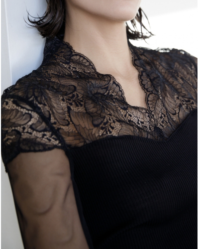 Ribbed tulle shirt in wool and silk Leavers Lace Oscalito 7610 (Black)