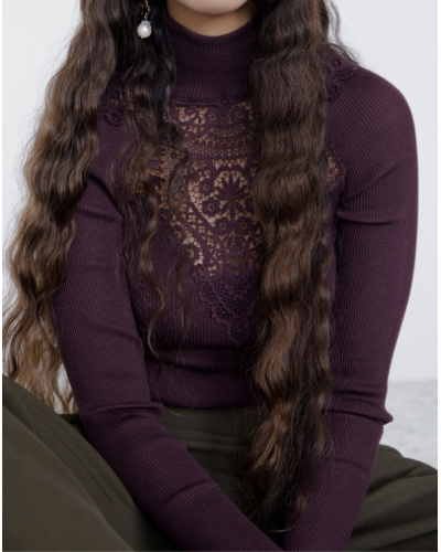 Ribbed turtleneck top wool and silk macramé Oscalito 7608 (Cherry)