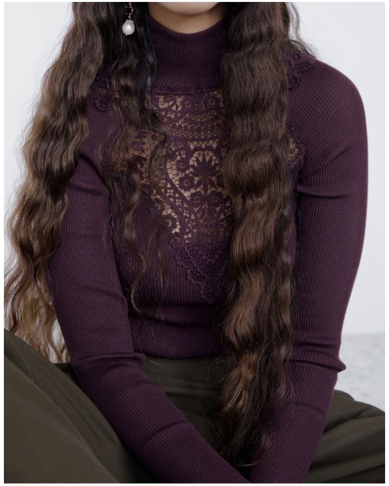 Ribbed turtleneck top wool and silk macramé Oscalito 7608 (Cherry)