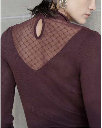 Top de cuello alto acanaladolana y seda Jacquard Oscalito 7620 (Cherry)