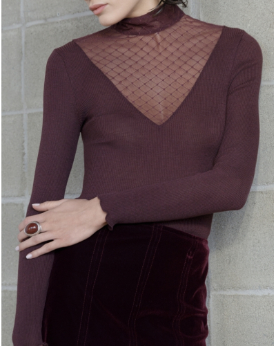 Top de cuello alto acanaladolana y seda Jacquard Oscalito 7620 (Cherry)