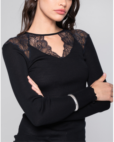 Chemise côtelée laine et soie Dentelle Leavers Oscalito 7612 (Noir)