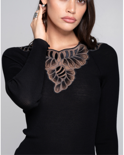 Long-sleeved ribbed top wool and silk Oscalito 7618 (Black)