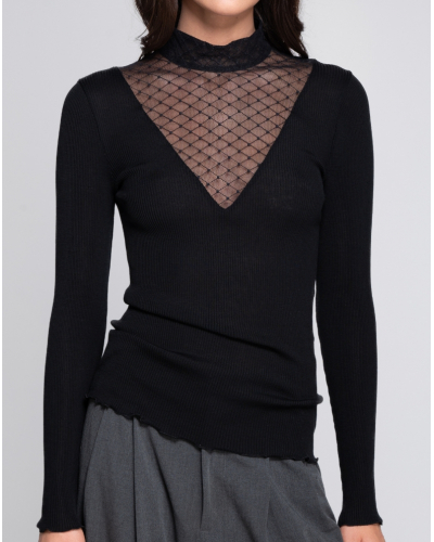 Top col roulé côtelé laine et soie Jacquard Oscalito 7620 (Noir)