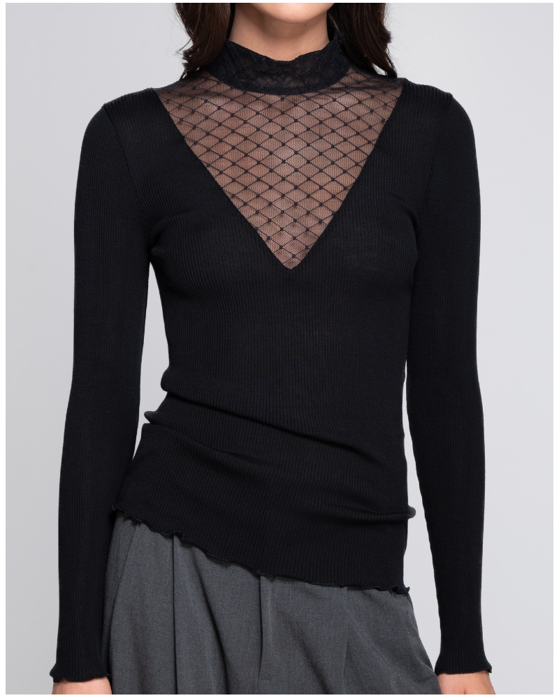Top de cuello alto acanalado lana y seda Jacquard Oscalito 7620 (Negro)