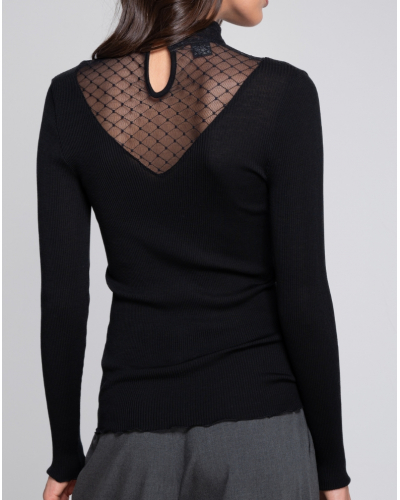 Top de cuello alto acanalado lana y seda Jacquard Oscalito 7620 (Negro)
