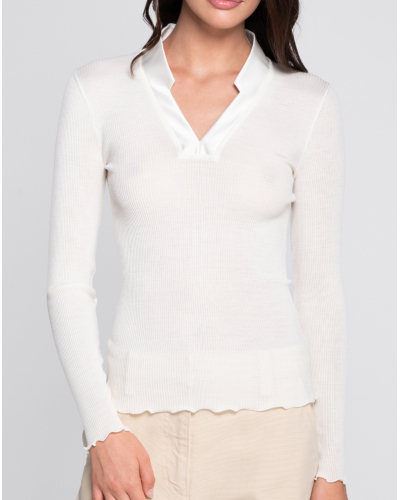 Ribbed V-neck blouse wool and silk satin border Oscalito 6341 (Champagne)