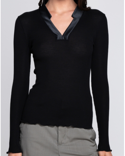 Ribbed V-neck blouse wool and silk satin border Oscalito 6341 (Black)