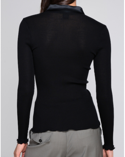 Ribbed V-neck blouse wool and silk satin border Oscalito 6341 (Black)