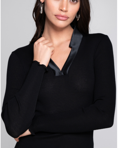 Ribbed V-neck blouse wool and silk satin border Oscalito 6341 (Black)