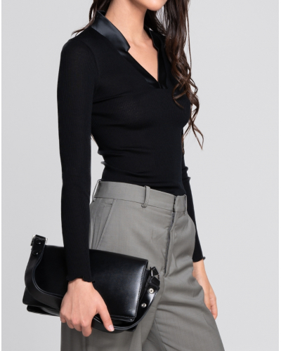 Ribbed V-neck blouse wool and silk satin border Oscalito 6341 (Black)