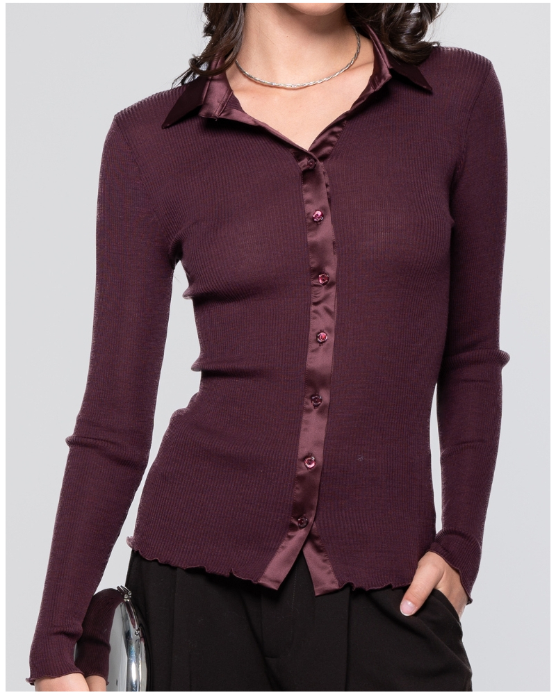 Ribbed shirt wool and silk satin border Oscalito 6350 (Cherry)