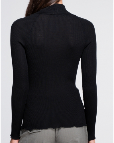 Top de cuello alto acanalado de lana y seda macramé Oscalito 7608 (Negro)