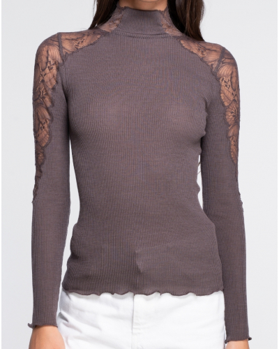 Chemise à col roulé côtelé laine et soie en dentelle leavers Oscalito 7613 (Taupe)