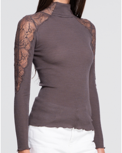 Chemise à col roulé côtelé laine et soie en dentelle leavers Oscalito 7613 (Taupe)