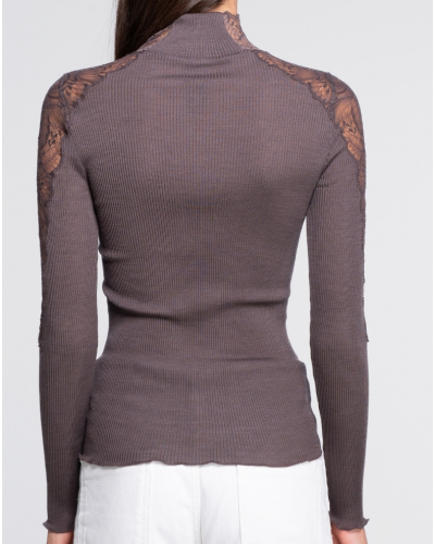 Camiseta de cuello alto acanalada de lana y seda con encaje Leavers Oscalito 7613 (Taupe)