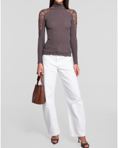 Ribbed turtleneck shirt in wool and silk with Leavers lace Oscalito 7613 (Taupe)